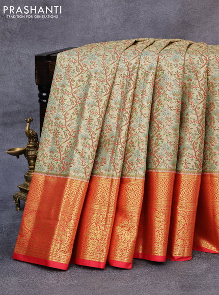 Tissue semi kanjivaram saree cream and red with allover brocade weaves and zari woven border