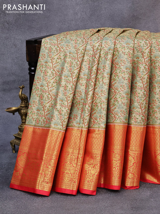 Tissue semi kanjivaram saree cream and red with allover brocade weaves and zari woven border