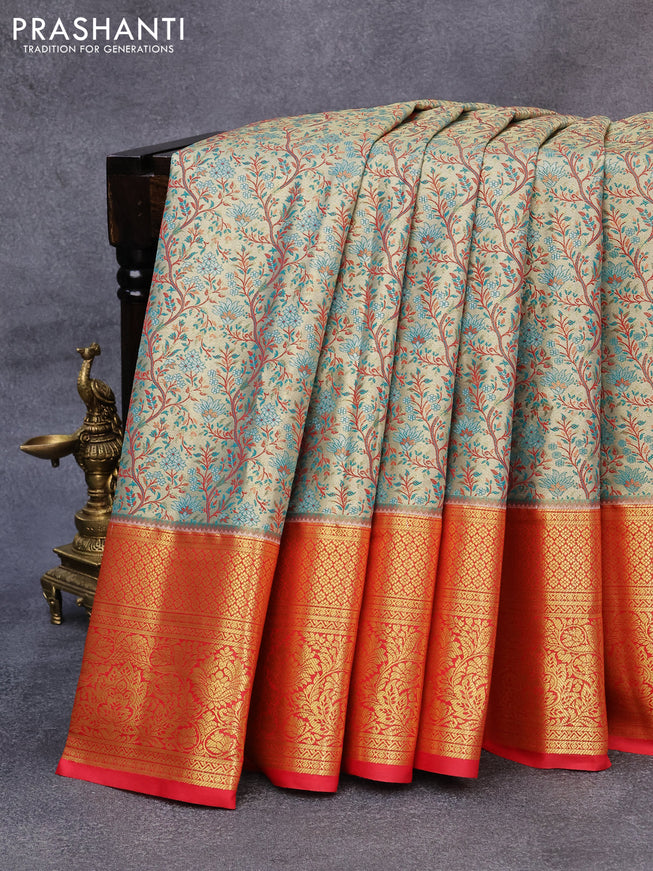 Tissue semi kanjivaram saree cream and red with allover brocade weaves and zari woven border