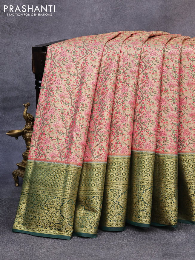 Tissue semi kanjivaram saree beige pink and dark green with allover brocade weaves and zari woven border