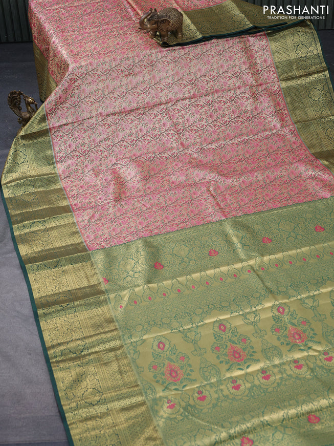 Tissue semi kanjivaram saree beige pink and dark green with allover brocade weaves and zari woven border