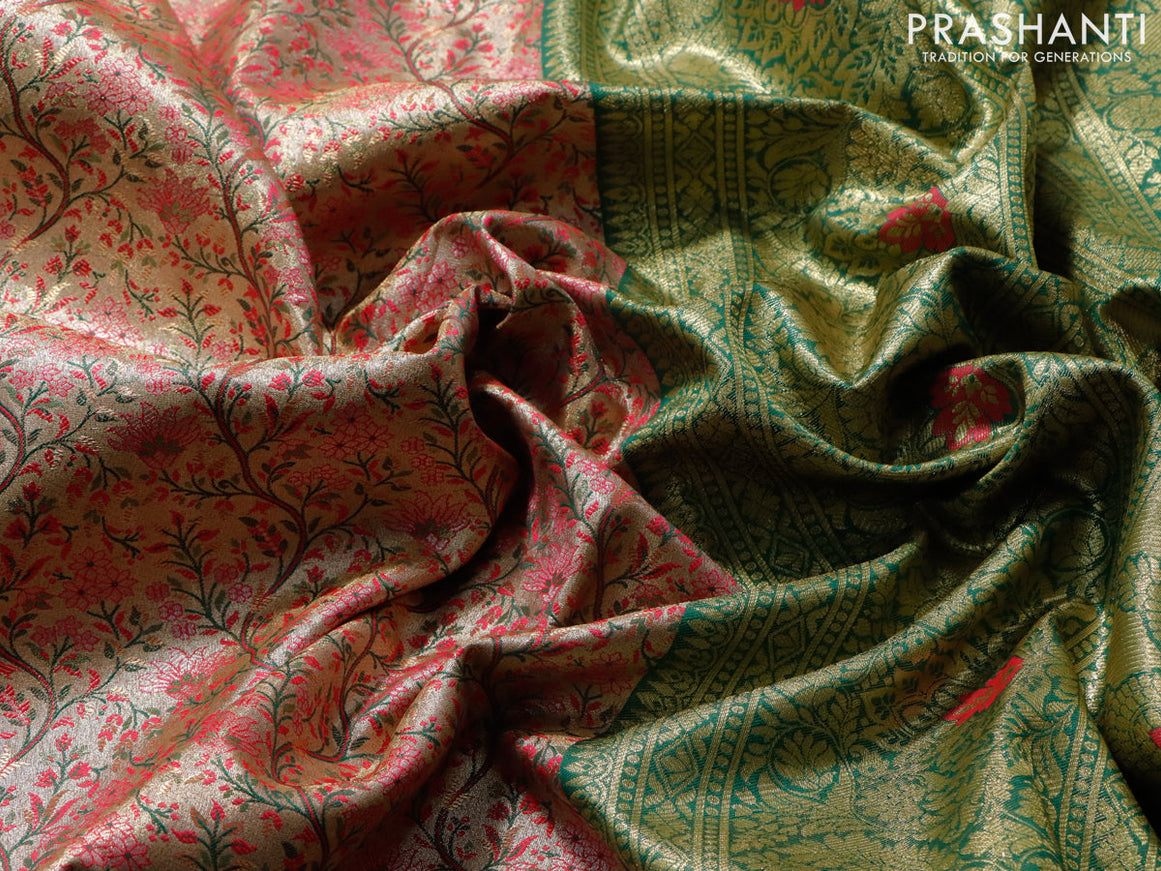 Tissue semi kanjivaram saree beige pink and dark green with allover brocade weaves and zari woven border