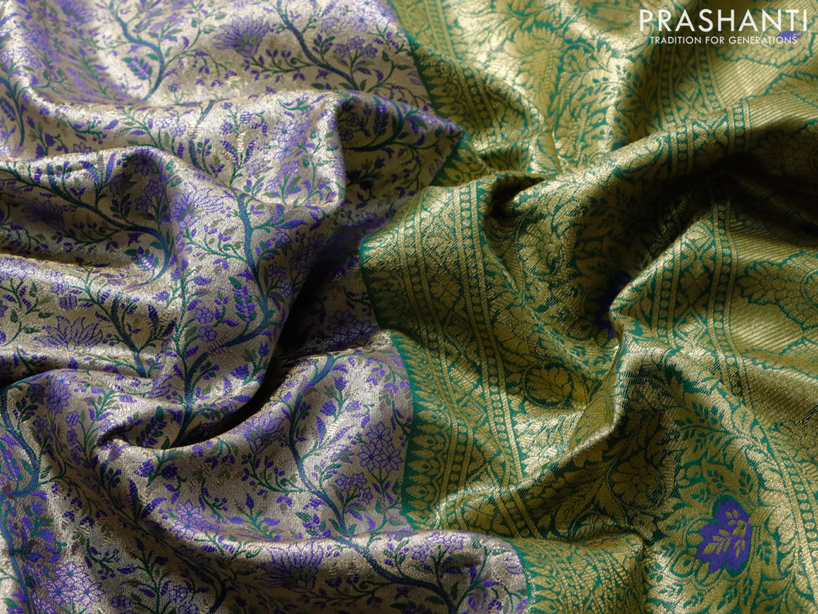 Tissue semi kanjivaram saree beige blue and dark green with allover brocade weaves and zari woven border