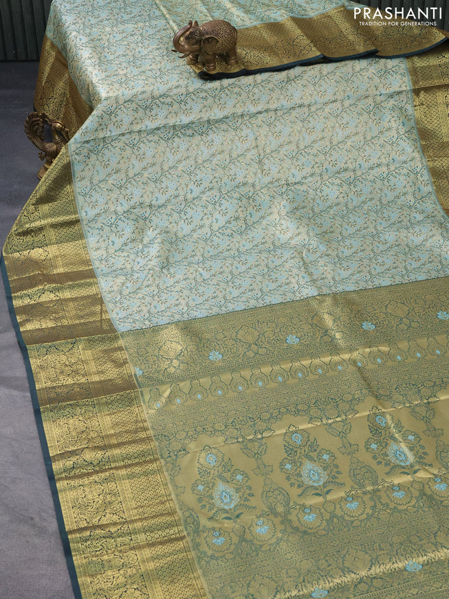 Tissue semi kanjivaram saree beige light blue and dark green with allover brocade weaves and zari woven border