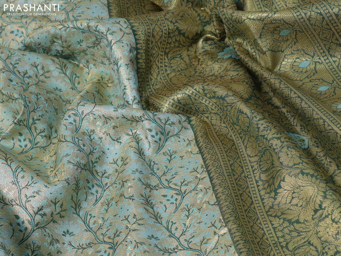 Tissue semi kanjivaram saree beige light blue and dark green with allover brocade weaves and zari woven border