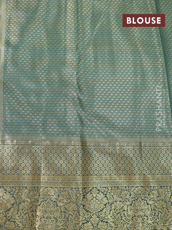 Tissue semi kanjivaram saree beige light blue and dark green with allover brocade weaves and zari woven border