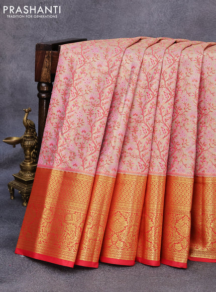 Tissue semi kanjivaram saree cream pink and red with allover brocade weaves and zari woven border