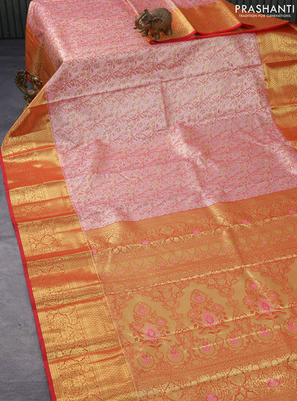 Tissue semi kanjivaram saree cream pink and red with allover brocade weaves and zari woven border