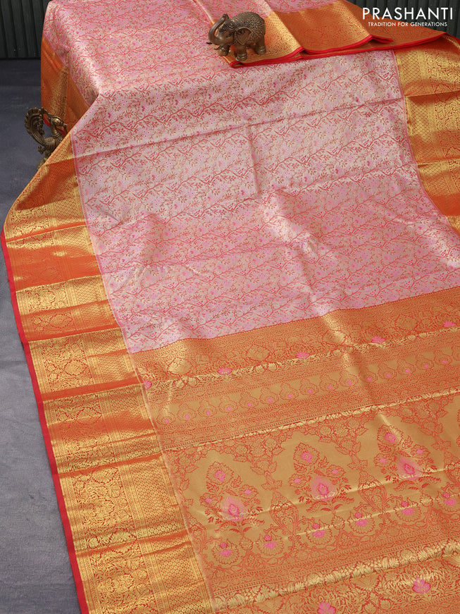 Tissue semi kanjivaram saree cream pink and red with allover brocade weaves and zari woven border