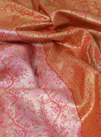 Tissue semi kanjivaram saree cream pink and red with allover brocade weaves and zari woven border