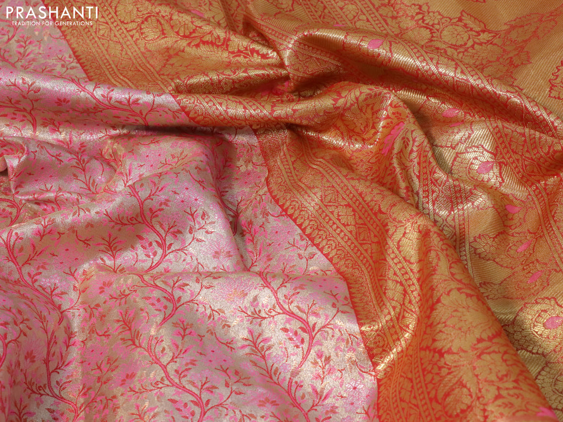 Tissue semi kanjivaram saree cream pink and red with allover brocade weaves and zari woven border