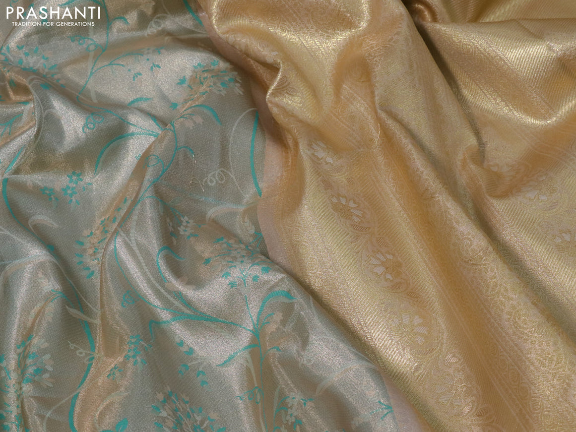 Tissue semi kanjivaram saree cream teal blue and baby pink with allover brocade weaves and zari woven border