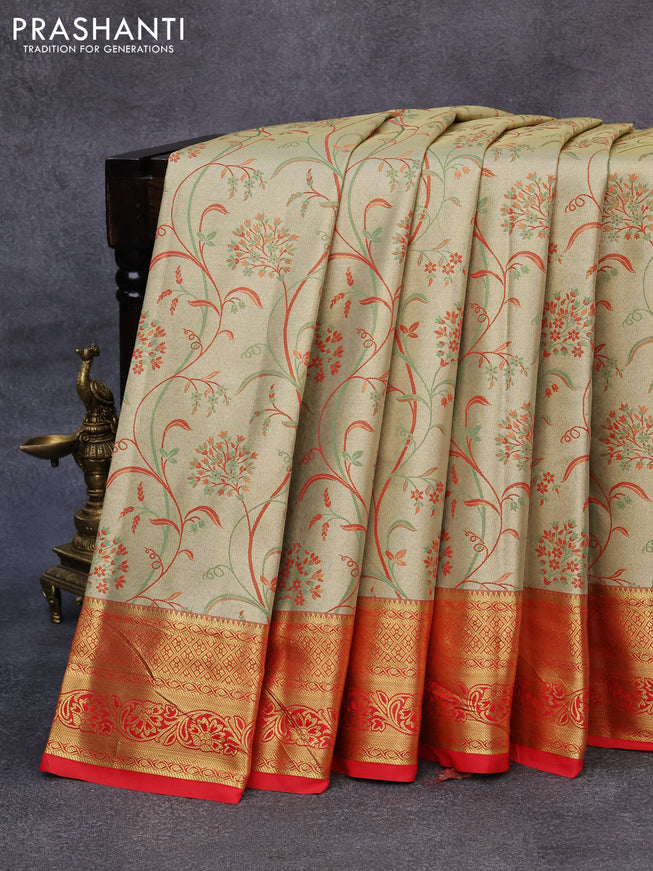 Tissue semi kanjivaram saree cream and red with allover brocade weaves and zari woven border