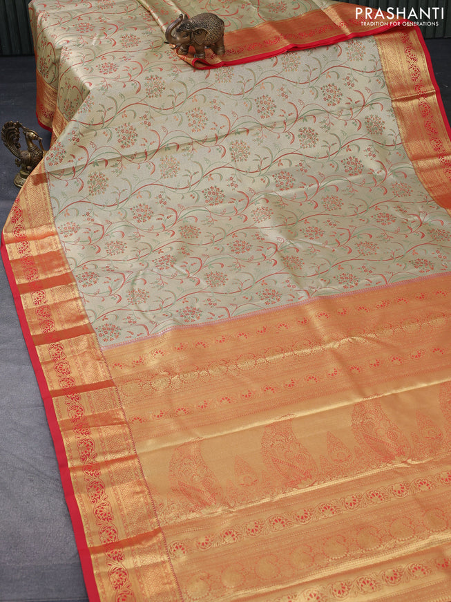 Tissue semi kanjivaram saree cream and red with allover brocade weaves and zari woven border