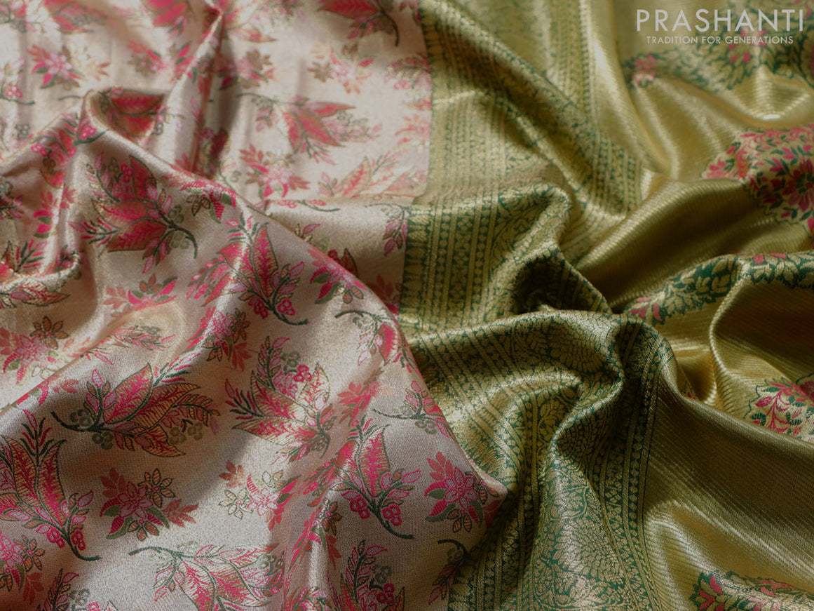Tissue semi kanjivaram saree beige pink and dark green with allover brocade weaves and zari woven border