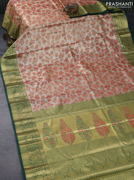 Tissue semi kanjivaram saree beige red and dark green with allover brocade weaves and zari woven border