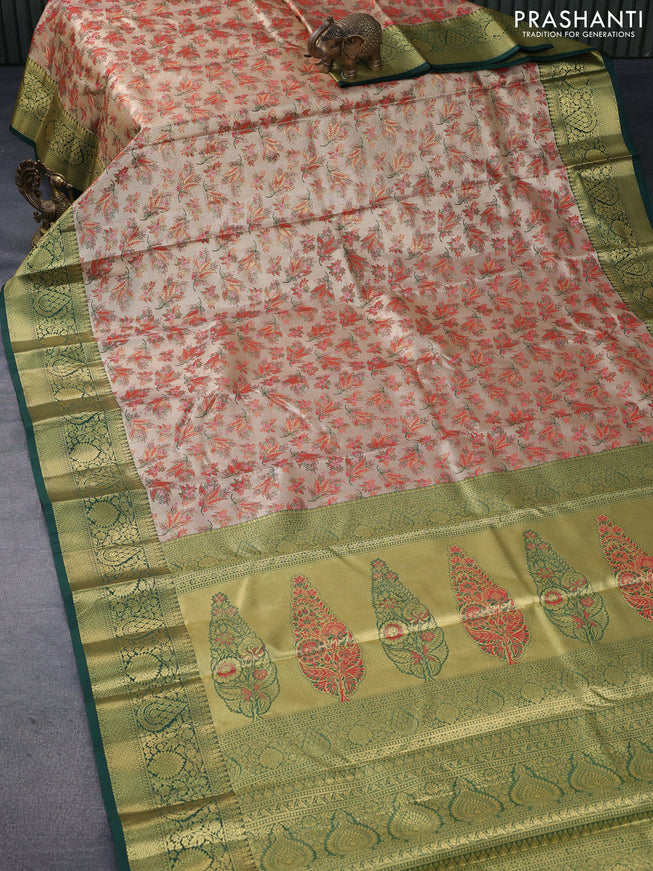 Tissue semi kanjivaram saree beige red and dark green with allover brocade weaves and zari woven border