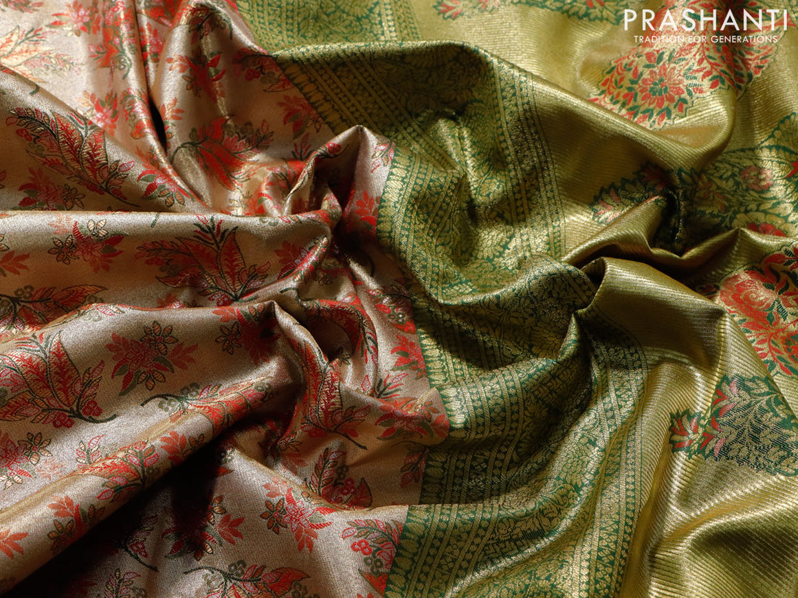 Tissue semi kanjivaram saree beige red and dark green with allover brocade weaves and zari woven border