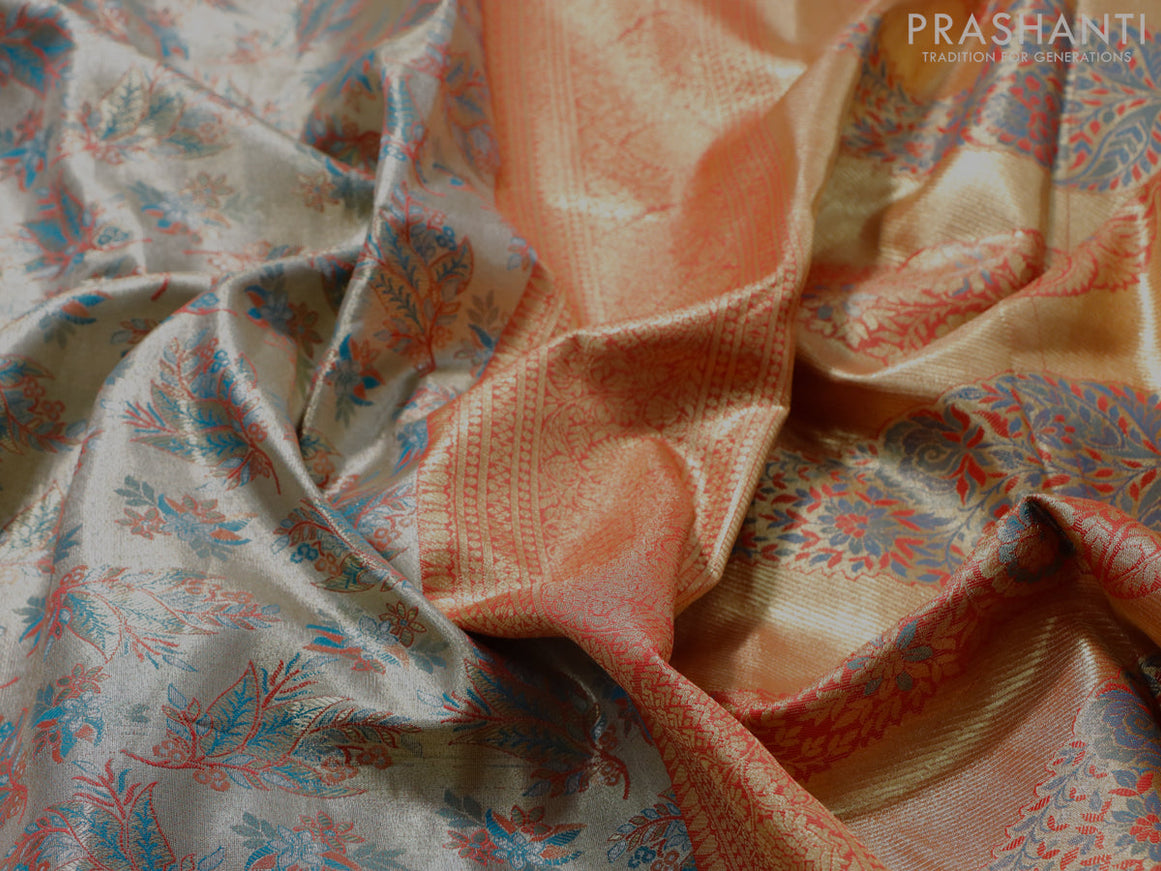 Tissue semi kanjivaram saree beige blue and pink with allover brocade weaves and zari woven border