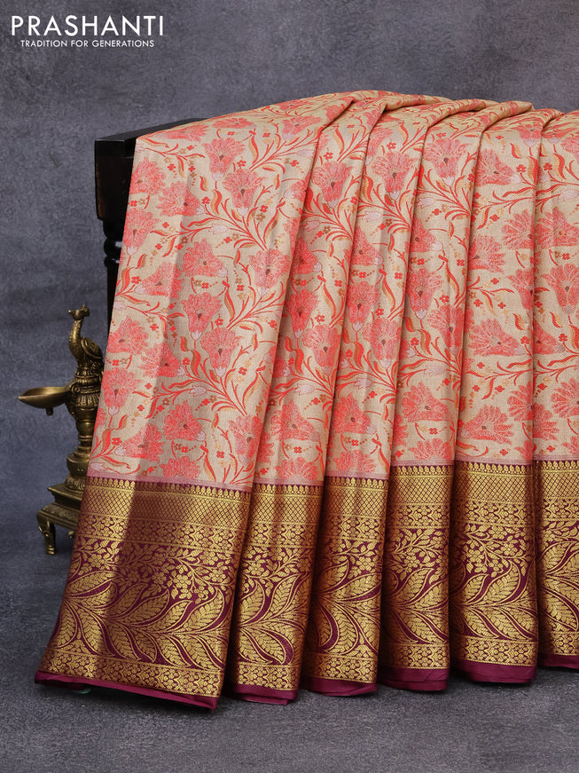 Tissue semi kanjivaram saree red and purple with allover floral brocade weaves and long zari woven border