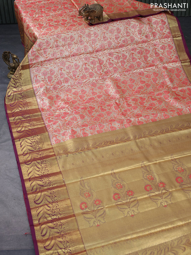 Tissue semi kanjivaram saree red and purple with allover floral brocade weaves and long zari woven border