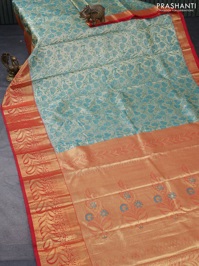 Tissue semi kanjivaram saree cream teal blue and red with allover floral brocade weaves and long zari woven border