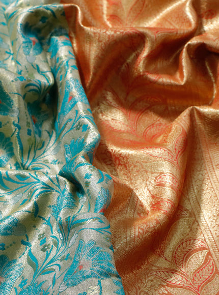 Tissue semi kanjivaram saree cream teal blue and red with allover floral brocade weaves and long zari woven border