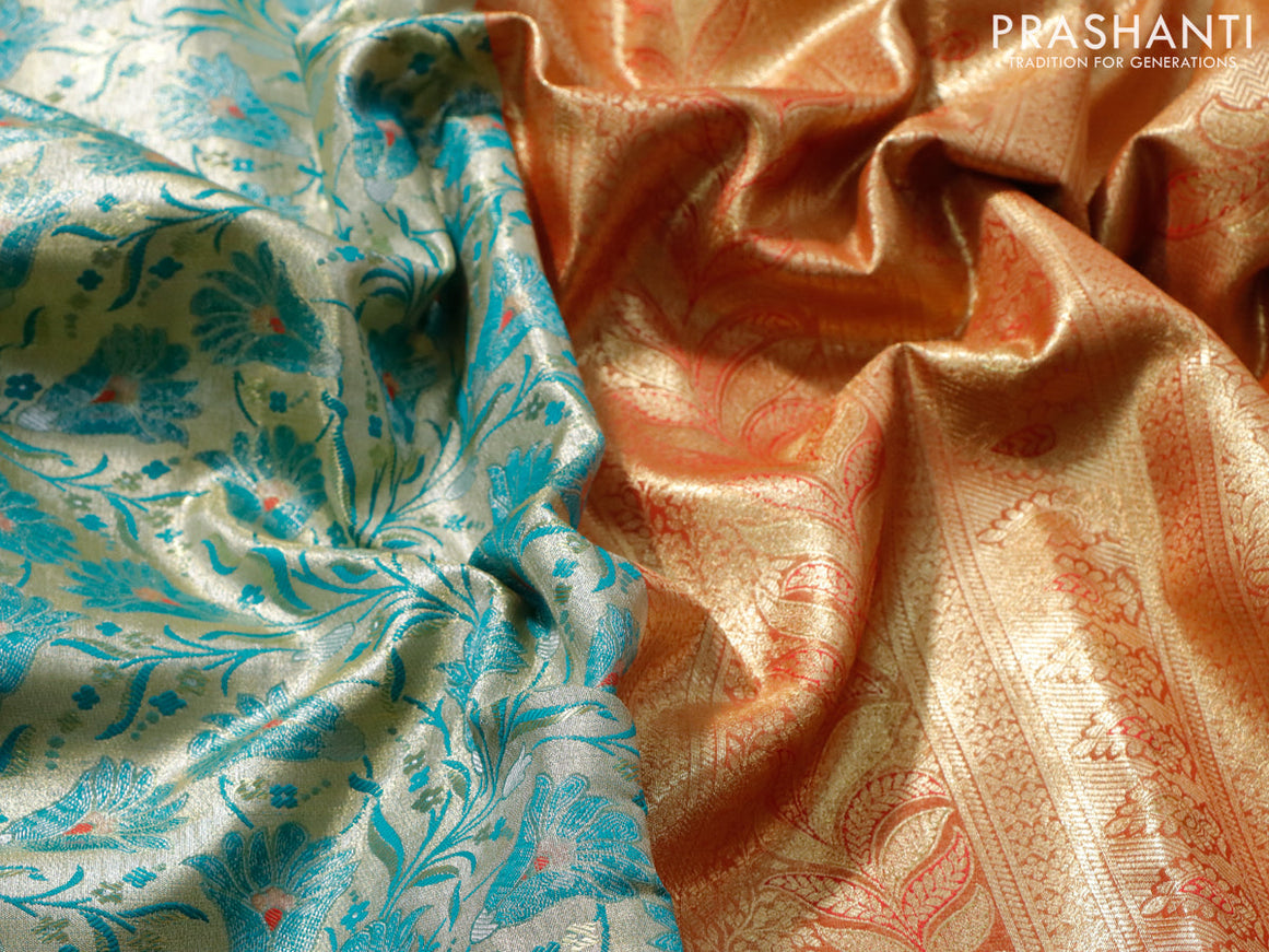 Tissue semi kanjivaram saree cream teal blue and red with allover floral brocade weaves and long zari woven border