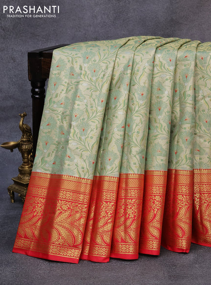 Tissue semi kanjivaram saree cream pastel green and red with allover floral brocade weaves and long zari woven border