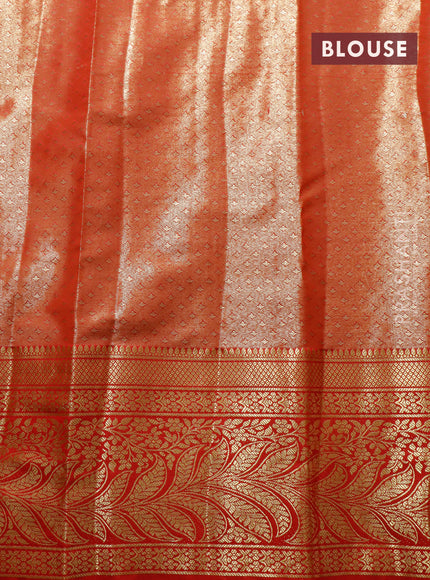 Tissue semi kanjivaram saree cream pastel green and red with allover floral brocade weaves and long zari woven border