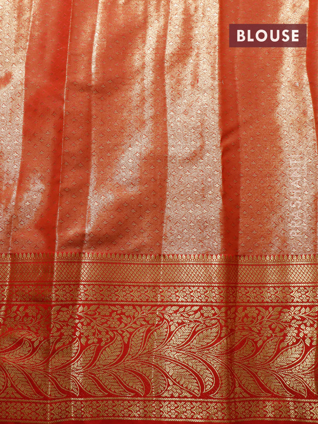 Tissue semi kanjivaram saree cream pastel green and red with allover floral brocade weaves and long zari woven border