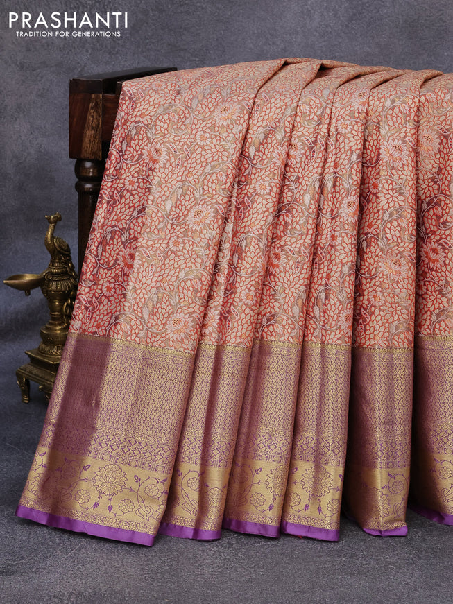 Tissue semi kanjivaram saree beige red and lavender with allover floral brocade weaves and long zari woven border