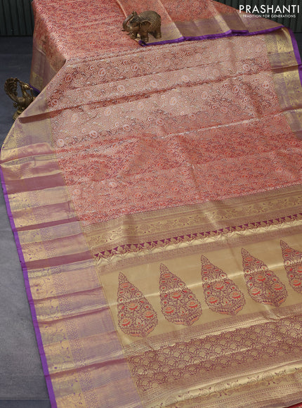 Tissue semi kanjivaram saree beige red and lavender with allover floral brocade weaves and long zari woven border