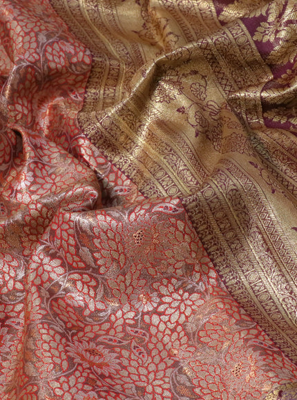 Tissue semi kanjivaram saree beige red and lavender with allover floral brocade weaves and long zari woven border