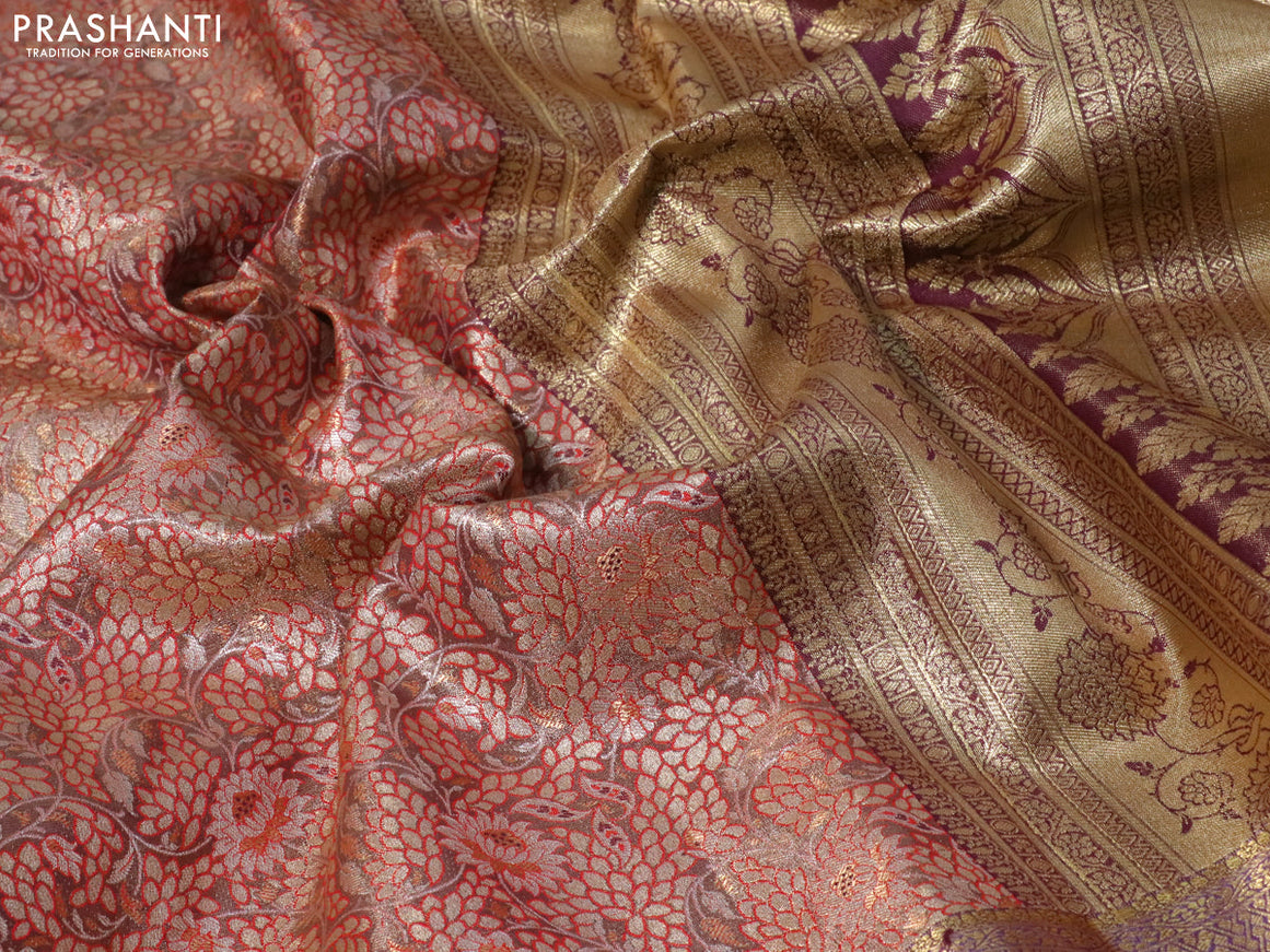 Tissue semi kanjivaram saree beige red and lavender with allover floral brocade weaves and long zari woven border