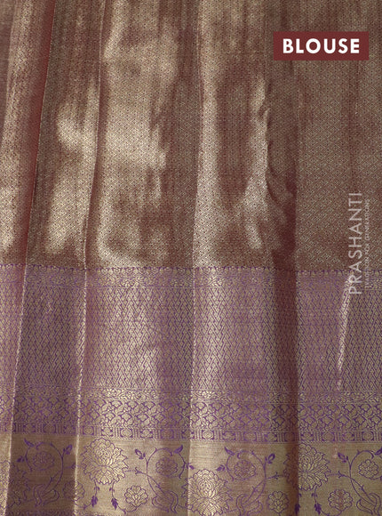 Tissue semi kanjivaram saree beige red and lavender with allover floral brocade weaves and long zari woven border