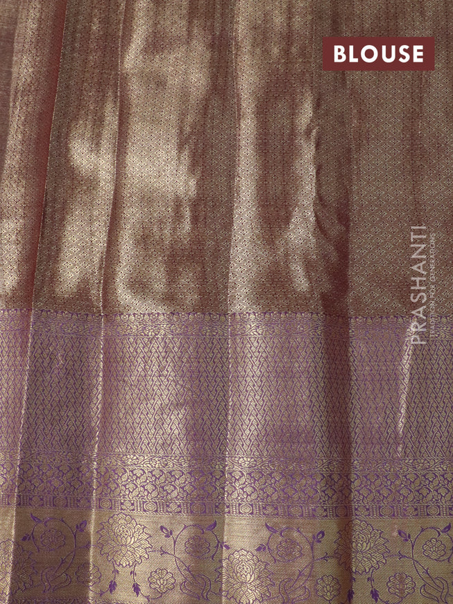 Tissue semi kanjivaram saree beige red and lavender with allover floral brocade weaves and long zari woven border