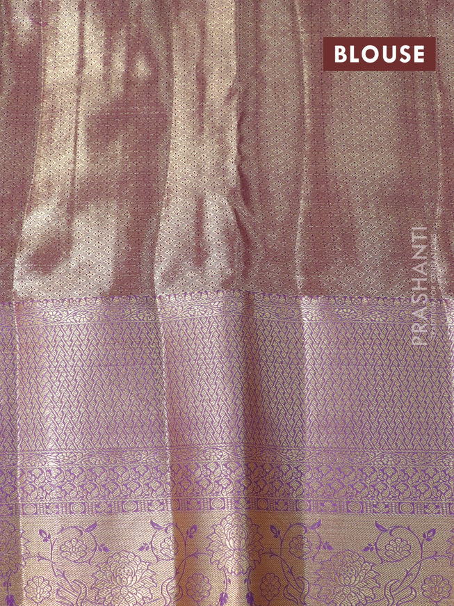 Tissue semi kanjivaram saree beige green and lavender with allover floral brocade weaves and long zari woven border