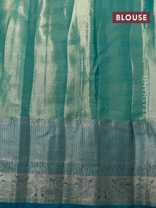 Tissue semi kanjivaram saree teal green shade and teal blue with allover floral brocade weaves and long zari woven border