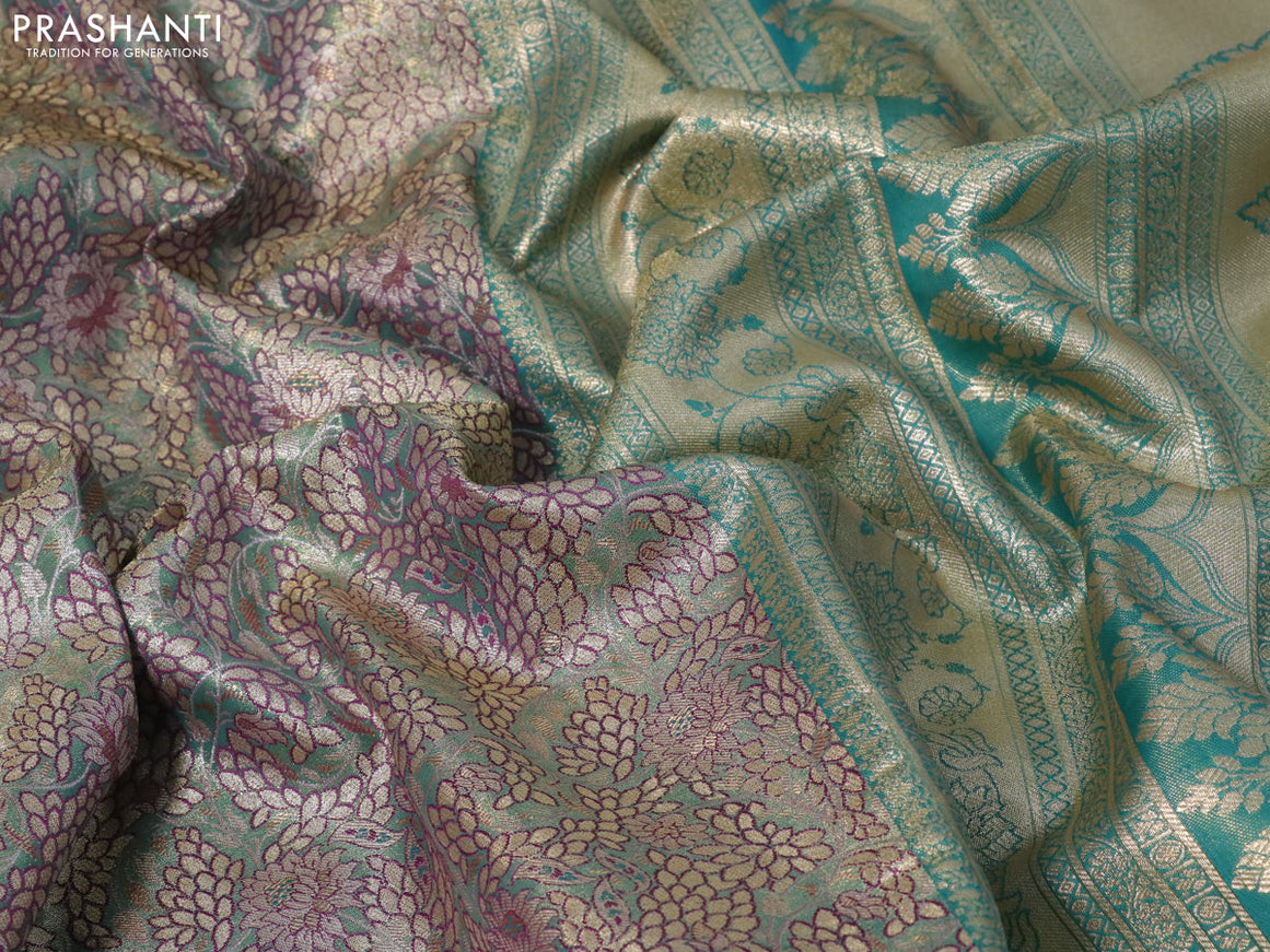 Tissue semi kanjivaram saree teal green purple and blue shade with allover floral brocade weaves and long zari woven border