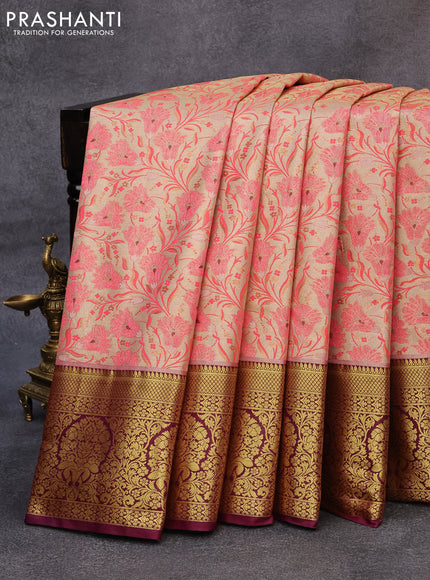 Tissue semi kanjivaram saree cream peach pink and wine shade with allover floral brocade weaves and long zari woven border