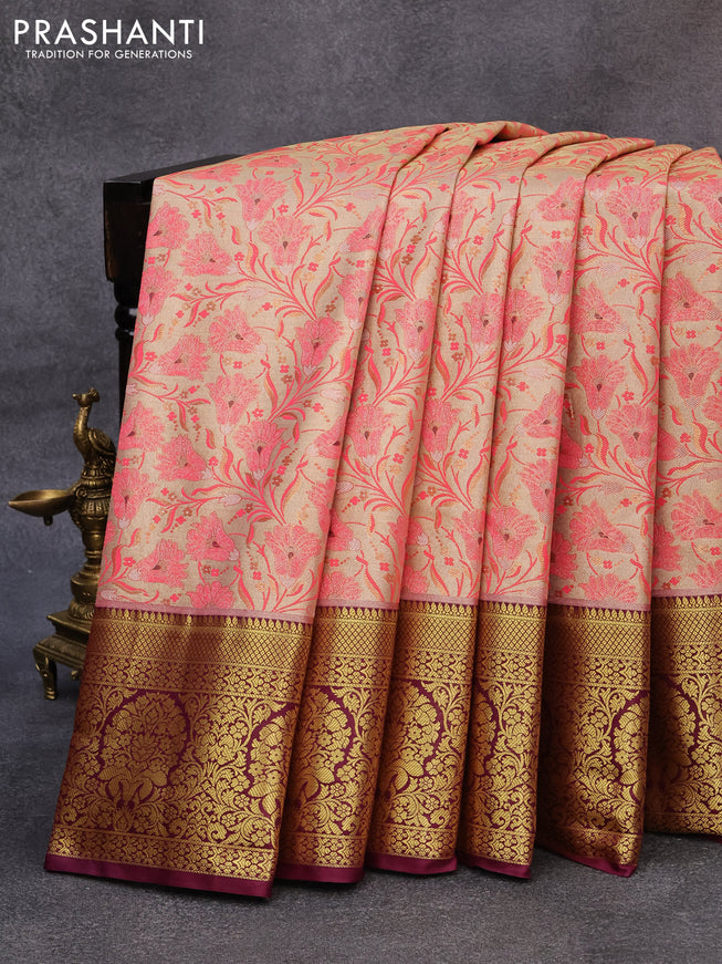 Tissue semi kanjivaram saree cream peach pink and wine shade with allover floral brocade weaves and long zari woven border