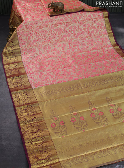 Tissue semi kanjivaram saree cream peach pink and wine shade with allover floral brocade weaves and long zari woven border