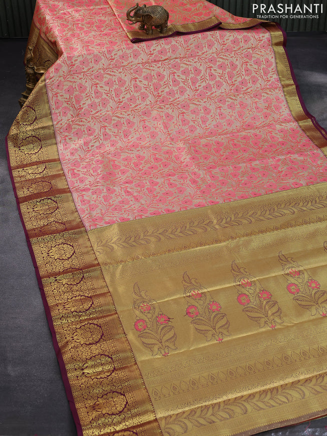 Tissue semi kanjivaram saree cream peach pink and wine shade with allover floral brocade weaves and long zari woven border