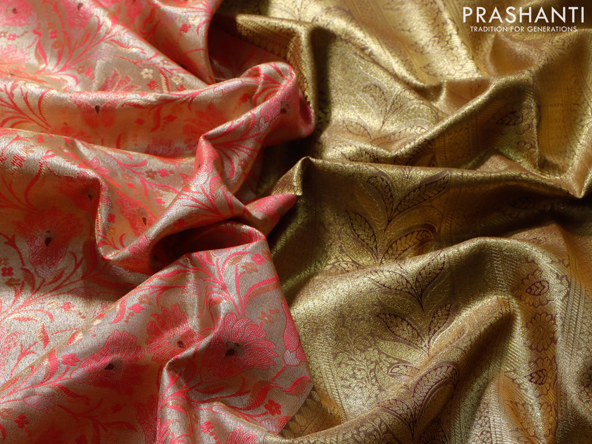 Tissue semi kanjivaram saree cream peach pink and wine shade with allover floral brocade weaves and long zari woven border