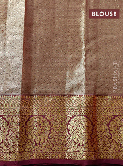 Tissue semi kanjivaram saree cream peach pink and wine shade with allover floral brocade weaves and long zari woven border