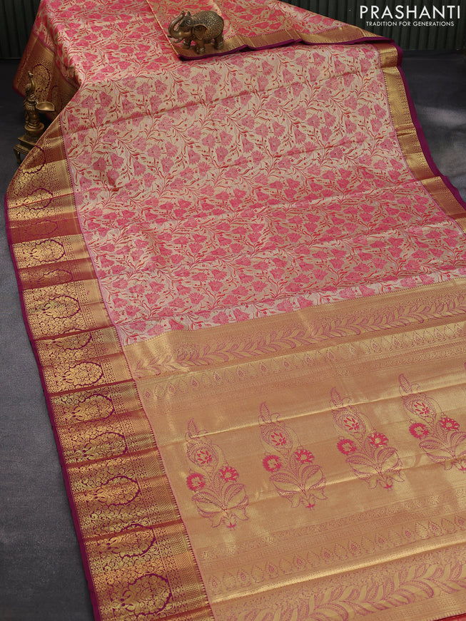 Tissue semi kanjivaram saree beige pink and purple with allover floral brocade weaves and long zari woven border