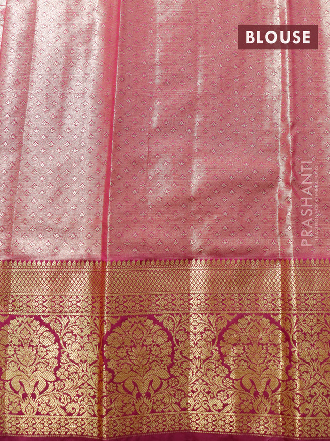 Tissue semi kanjivaram saree beige pink and purple with allover floral brocade weaves and long zari woven border
