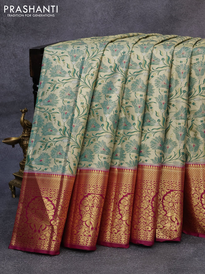 Tissue semi kanjivaram saree beige green and purple with allover floral brocade weaves and long zari woven border