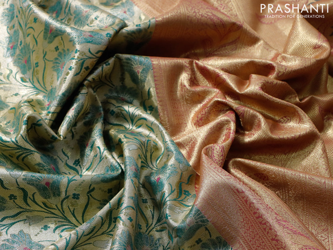 Tissue semi kanjivaram saree beige green and purple with allover floral brocade weaves and long zari woven border